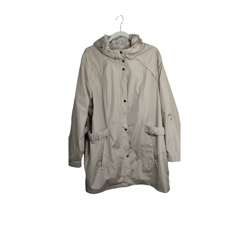 4179) Susan Graver Khaki Water Resistant Hooded Gingham Print Coat Size 1X